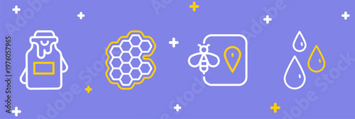 Set line Drops of honey, Bee location, Honeycomb and Jar icon. Vector