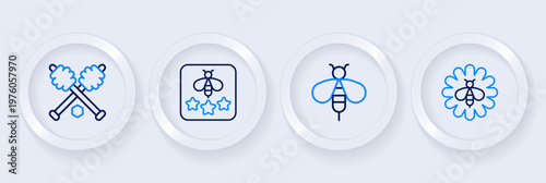 Set line Bee on flower, Type of bee and Honey dipper stick icon. Vector