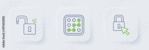 Set line Lock, Graphic password protection and Open padlock icon. Vector
