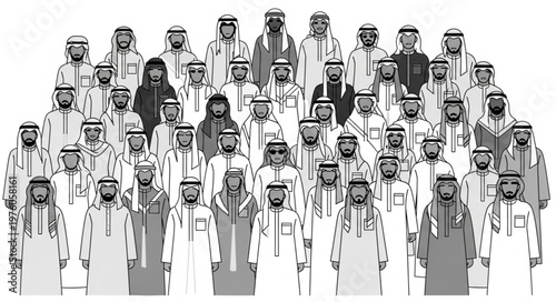 Group of Arab men in traditional attire standing together.
