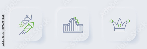 Set line Jester hat with bells, Roller coaster and Firework rocket icon. Vector