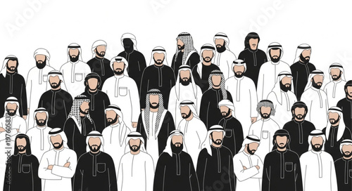 Group of Arab men in traditional attire, standing together in a crowd.