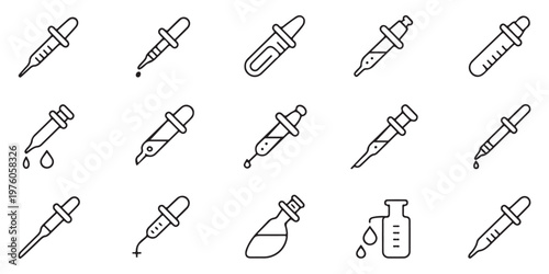Medical pipette line icons set of laboratory dropper equipment for science research and pharmacy chemistry use.