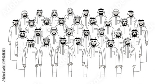 Group of Arab men in traditional attire standing together in a crowd.