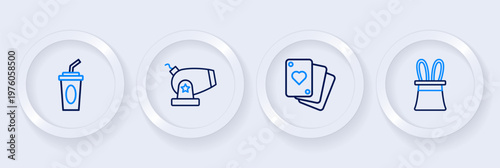 Set line Magician hat and rabbit ears, Playing cards, Cannon and Paper glass with water icon. Vector