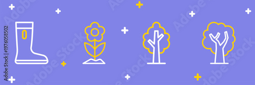 Set line Tree, Flower and Waterproof rubber boot icon. Vector