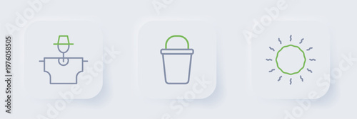 Set line Sun, Bucket and Scarecrow icon. Vector