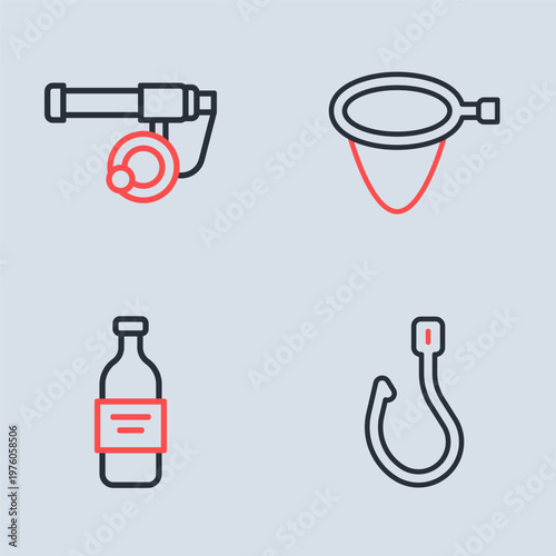Set line Fishing net, Bottle of vodka, hook and rod icon. Vector