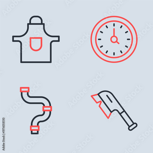 Set line Clock, Industry metallic pipe, Brush for cleaning and Kitchen apron icon. Vector