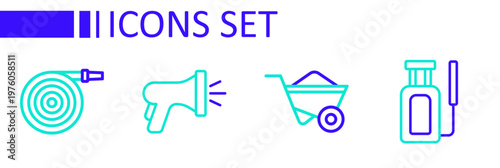 Set line Garden sprayer for water, Wheelbarrow, hose and icon. Vector
