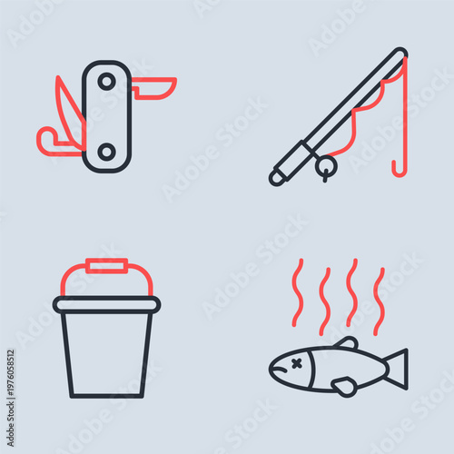 Set line Fishing rod, bucket, Dead fish and Swiss army knife icon. Vector