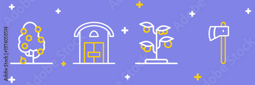 Set line Wooden axe, Sprout, Farm house and Fruit tree icon. Vector