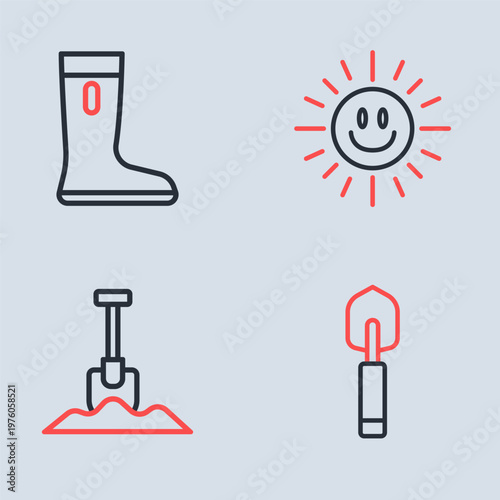 Set line Sun, Shovel, Garden trowel spade or shovel and Waterproof rubber boot icon. Vector