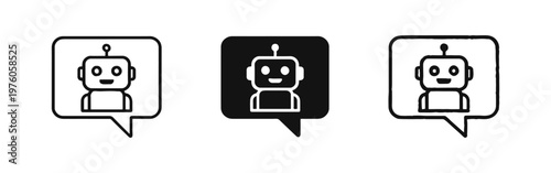Friendly AI Chatbot Robot in Speech Bubble Icons Set. Virtual Assistant Communication Symbol.