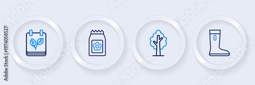 Set line Waterproof rubber boot, Tree, Pack full seeds and Calendar with autumn leaves icon. Vector