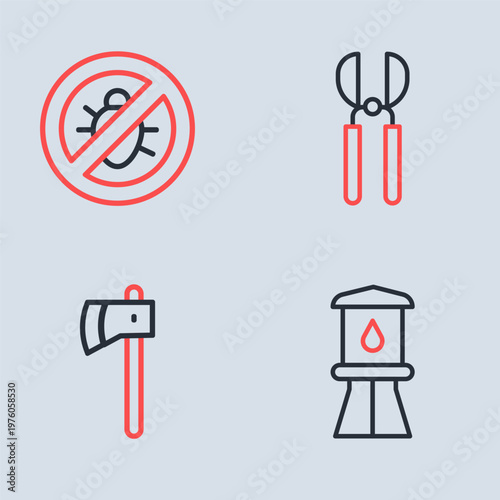 Set line Gardening scissors, Wooden axe, Water tower and Stop colorado beetle icon. Vector