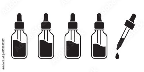 Dropper bottle silhouettes with liquid for essential oil and serum medicine packaging mockup in cosmetic style.