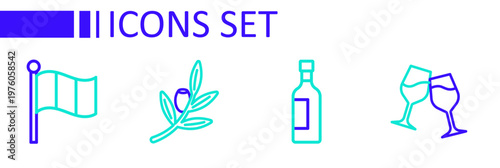 Set line Wine glass, Bottle of wine, Olives branch and Flag Italy icon. Vector