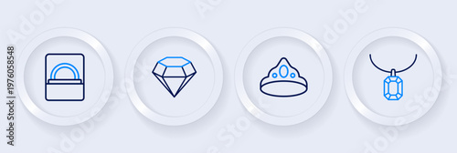 Set line Pendant on necklace, King crown, Diamond and engagement ring box icon. Vector