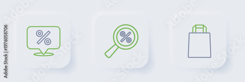 Set line Paper shopping bag, Magnifying glass with percent and Discount tag icon. Vector