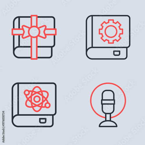 Set line User manual, Book about physics, Microphone and as gift icon. Vector