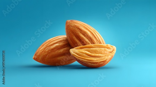 Nutritious almonds on vibrant blue background healthy snack concept close-up view food photography