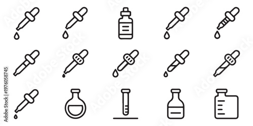 Collection of various dropper, pipette, and laboratory flask line icons, often with a falling drop.