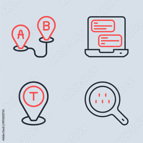 Set line Taxi mobile app, Location taxi car, Search and Route location icon. Vector