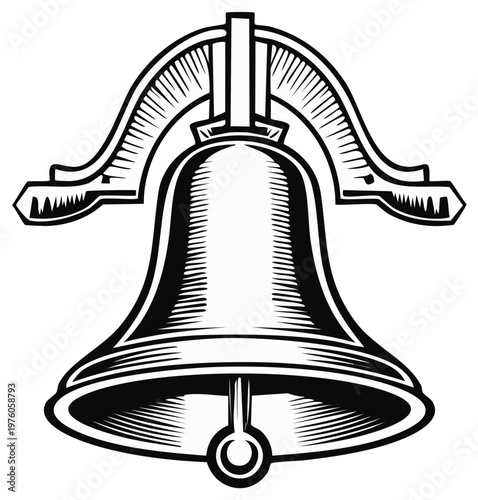 Classic engraved bell illustration in monochrome, ideal for announcements