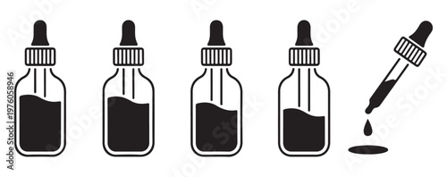 Set of dropper bottle icons with varying liquid levels and a separate dropper expelling liquid.