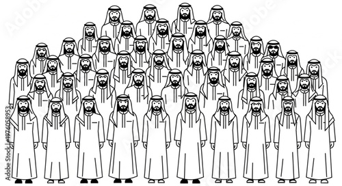 Group of Arab men in traditional attire, standing together in a crowd.