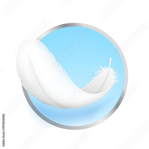 Bird feather mockup. Symbol for indicating that a product is lightweight, soft, gentle, hypoallergenic and etc. Hight realistic vector illustration on colour background. EPS10.