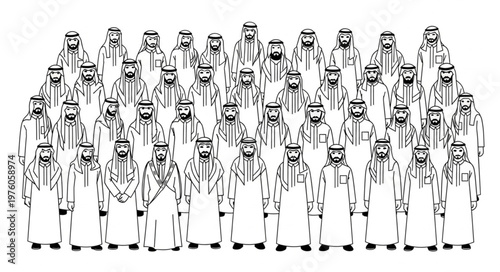 Group of Arab men in traditional attire, standing together in a crowd.