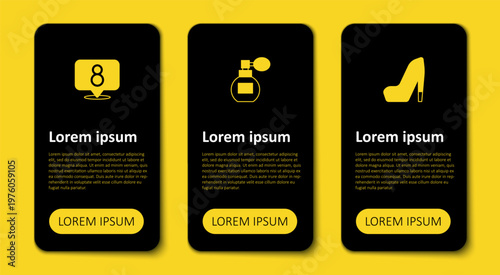 Set Woman shoe, Perfume and 8 March. Business infographic template. Vector