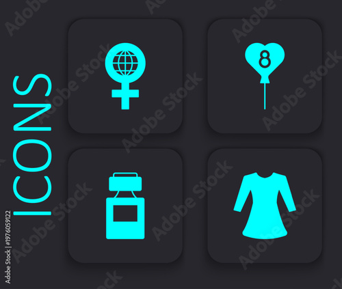 Set Woman dress, International Women Day, Balloons with 8 March and Perfume icon. Black square button. Vector