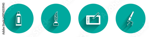 Set Tube with paint palette, Feather and inkwell, Graphic tablet and Paint brush icon with long shadow. Vector