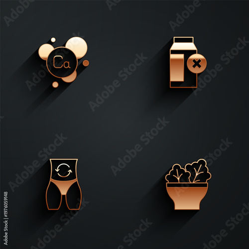 Set Calcium, Lactose intolerance, Metabolism and Salad bowl icon with long shadow. Vector