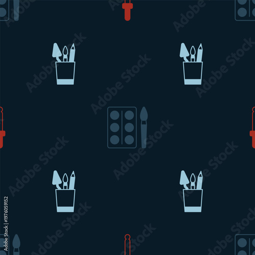 Set Eyedropper color picker palette, Watercolor paints in box and Pencil case stationery on seamless pattern. Vector