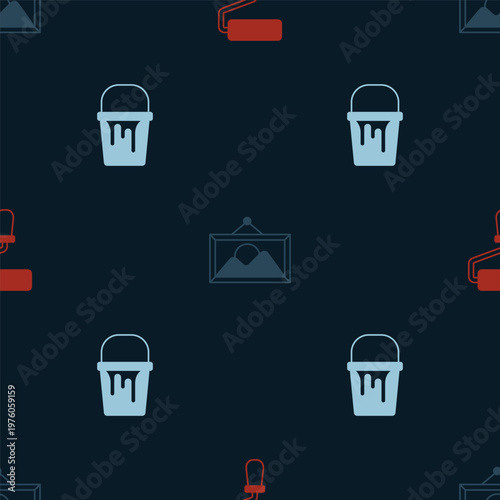Set Paint roller brush, Picture landscape and bucket on seamless pattern. Vector