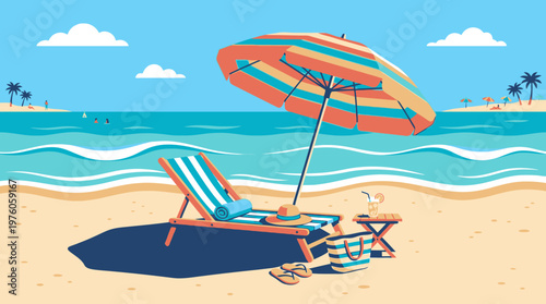 Beach chair and umbrella on sand.