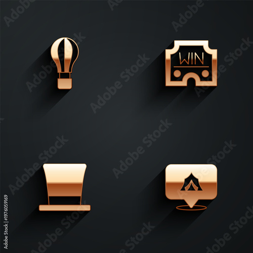 Set Hot air balloon, Casino win, Cylinder hat and Circus tent icon with long shadow. Vector