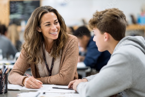 Photo of a high school teacher giving individual feedback to a teenage student in a modern classroom for personalized learning concept