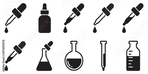 Collection of science laboratory icons with dropper bottles, flasks, and test tube symbols.