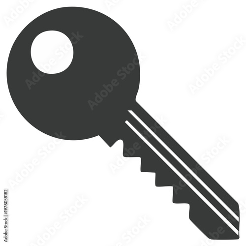 Single gray metallic door key icon for safety, security, and access control
