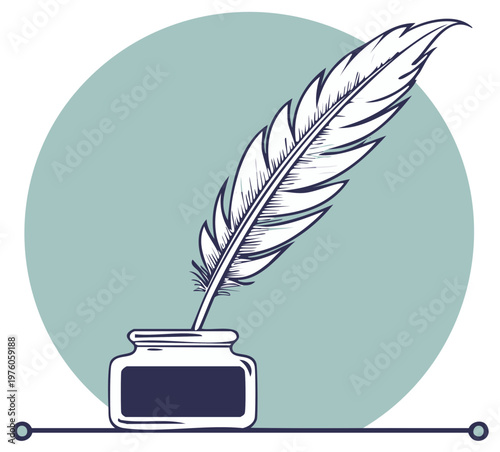 Elegant quill pen poised over an inkwell with a soft circular background and a decorative line element