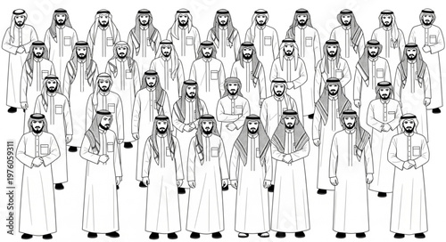 Group of Arab men in traditional attire, standing together in a crowd.