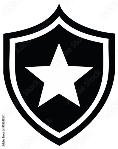 Shield with star emblem in black and white, security badge icon, graphic design for logo, insignia symbol