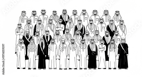 Group of Arab men in traditional attire standing together in a formal setting.