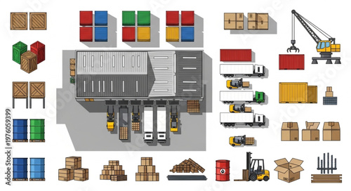 Overhead View of a Distribution Warehouse with Trucks and Cargo.