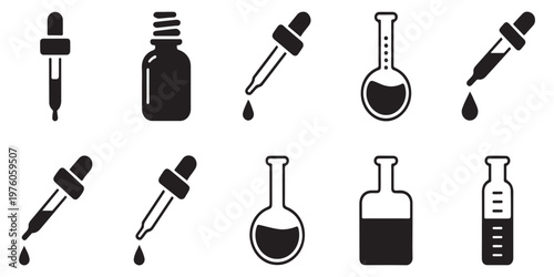 Medical and scientific equipment icons featuring dropper, flask, test tube, and measurement bottle.